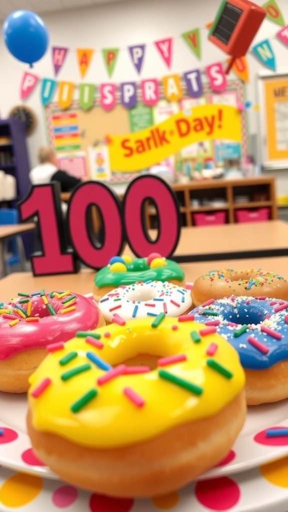 A plate of colorful donuts with icing and sprinkles, celebrating the 100th day of school.